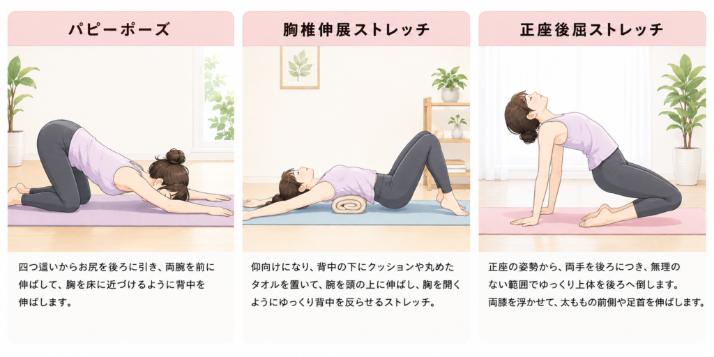 四つん這いになりパピーポーズで背中を伸ばしている女性 仰向けになり背中の下にクッションを入れ、両腕を頭の上に伸ばし胸を開くストレッチ 正座から後ろに手をつき、上体を反らせるストレッチ