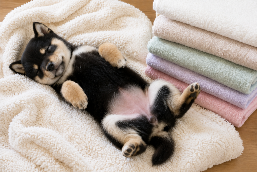 子犬がタオルケットの上でへそ天で眠っている、その脇きには畳まれたタオルケット